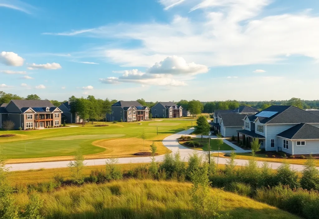 A scenic golf community in Chapin SC showcasing energy-efficient homes with solar panels.