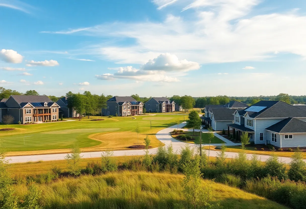 A scenic golf community in Chapin SC showcasing energy-efficient homes with solar panels.