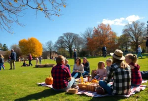 Families celebrating Thanksgiving outdoors in Chapin, SC with clear skies and warm weather.