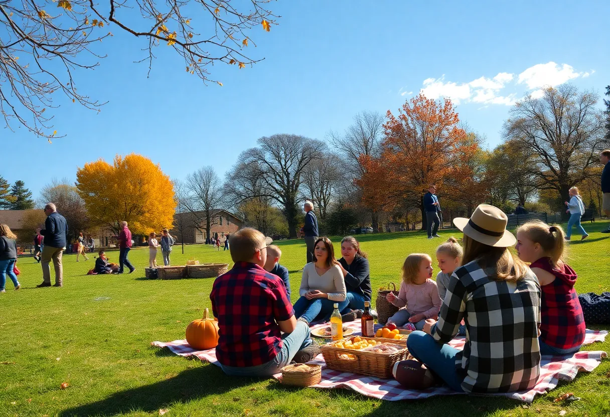 Families celebrating Thanksgiving outdoors in Chapin, SC with clear skies and warm weather.
