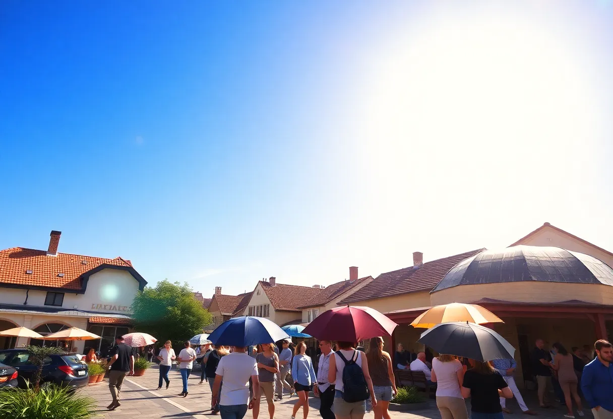 People enjoying a warm November day in Chapin, SC, with some holding umbrellas