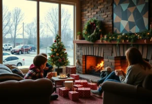 Families enjoying Christmas indoors in Chapin, SC, with rain outside.