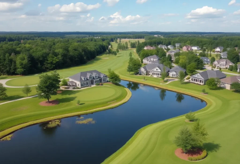 A picturesque view of a golf community in Chapin, SC, featuring green landscapes and well-maintained homes.