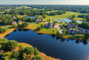 A picturesque golf neighborhood in Chapin SC showcasing green lawns and a golf course.