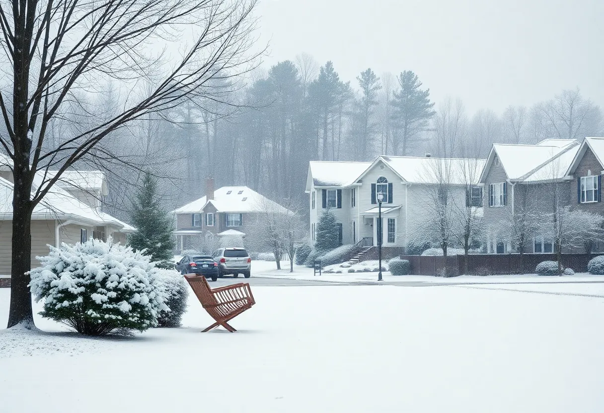 Snowy landscape in Chapin, SC with gentle snowfall.