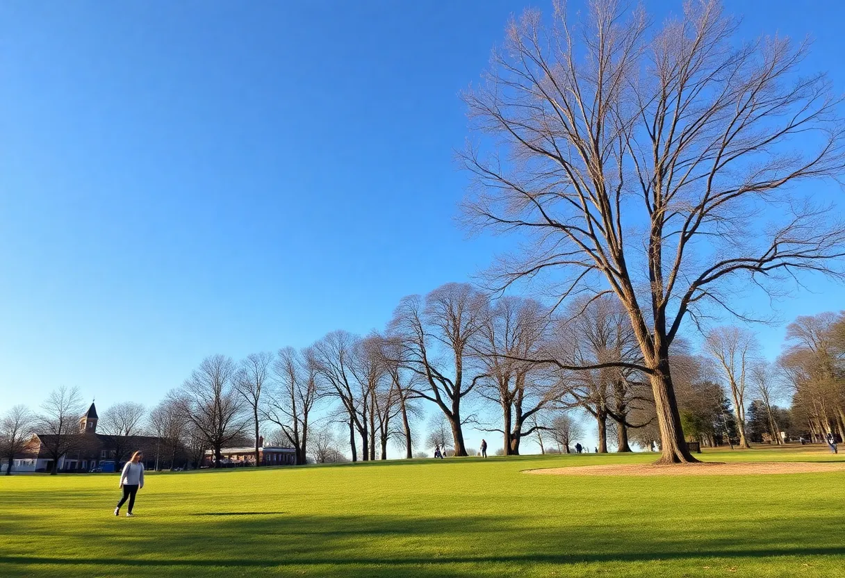 Residents enjoying a warm December day in Chapin, SC with clear skies and green park.