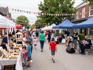 A festive scene from the Chapin Christmas Festival featuring local vendors and families enjoying holiday activities.