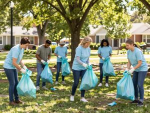 Volunteers cleaning up Chapin park during Community Cleanup Day