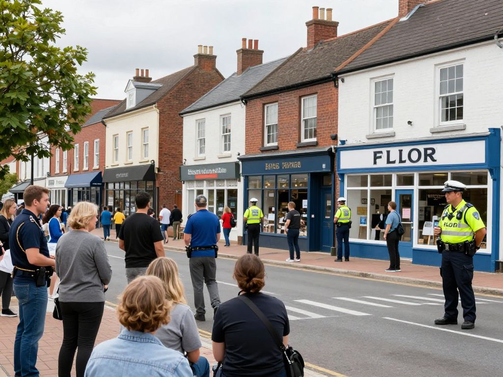 A bustling small town with local businesses and law enforcement presence.