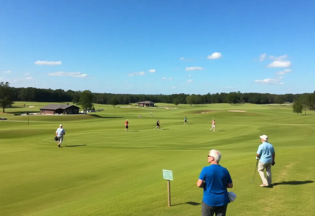 A scenic golf course in Chapin, South Carolina, with vibrant green grass and retirees enjoying their day.