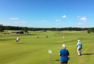 A scenic golf course in Chapin, South Carolina, with vibrant green grass and retirees enjoying their day.