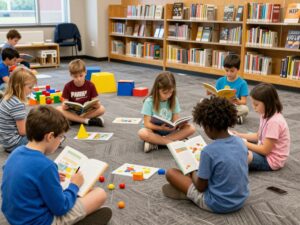 A group of children participating in a literacy event at Chapin Memorial Library.