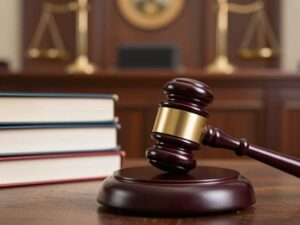 Courtroom with gavel and law books, representing legal proceedings