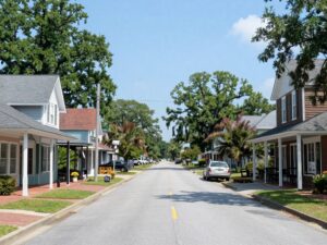 Quiet suburban street in Chapin SC with local businesses
