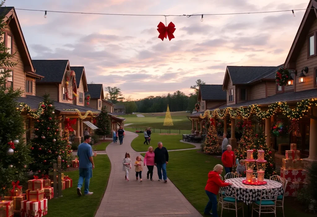 Golf community in Chapin SC decorated for holiday celebrations with families participating in activities.