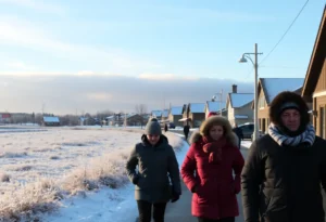 Frosty winter landscape in Chapin, SC with residents dressed warmly