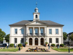Town hall building in Chapin signifying government transparency