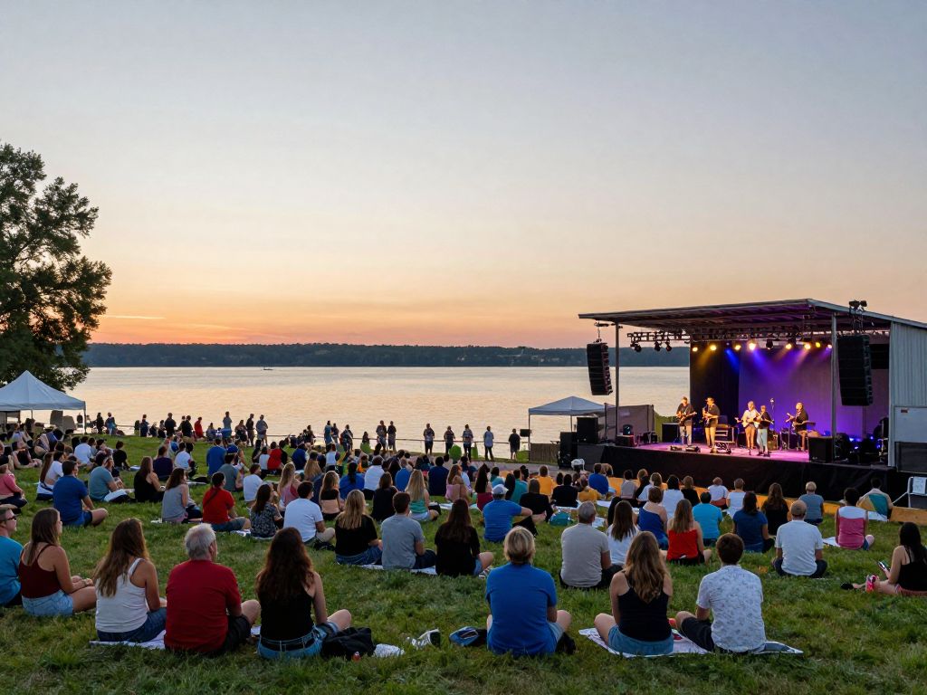 Crowd enjoying a summer concert at Lake Murray Park during sunset