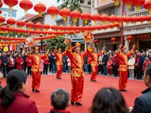 A lively scene depicting Lunar New Year celebrations with traditional performances and community participation.