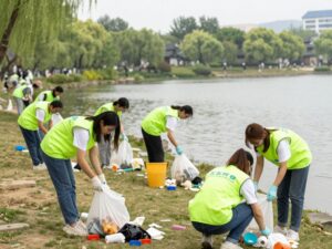 Volunteers participating in a community cleanup near Lake Murray in Chapin.