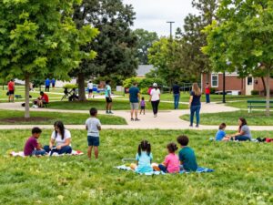Families enjoying recreational activities in Chapin community park.