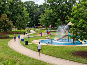 A scenic view of Chapin Community Park with trails and picnic areas.