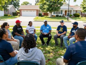 Group of residents attending a community watch meeting discussing safety in Chapin