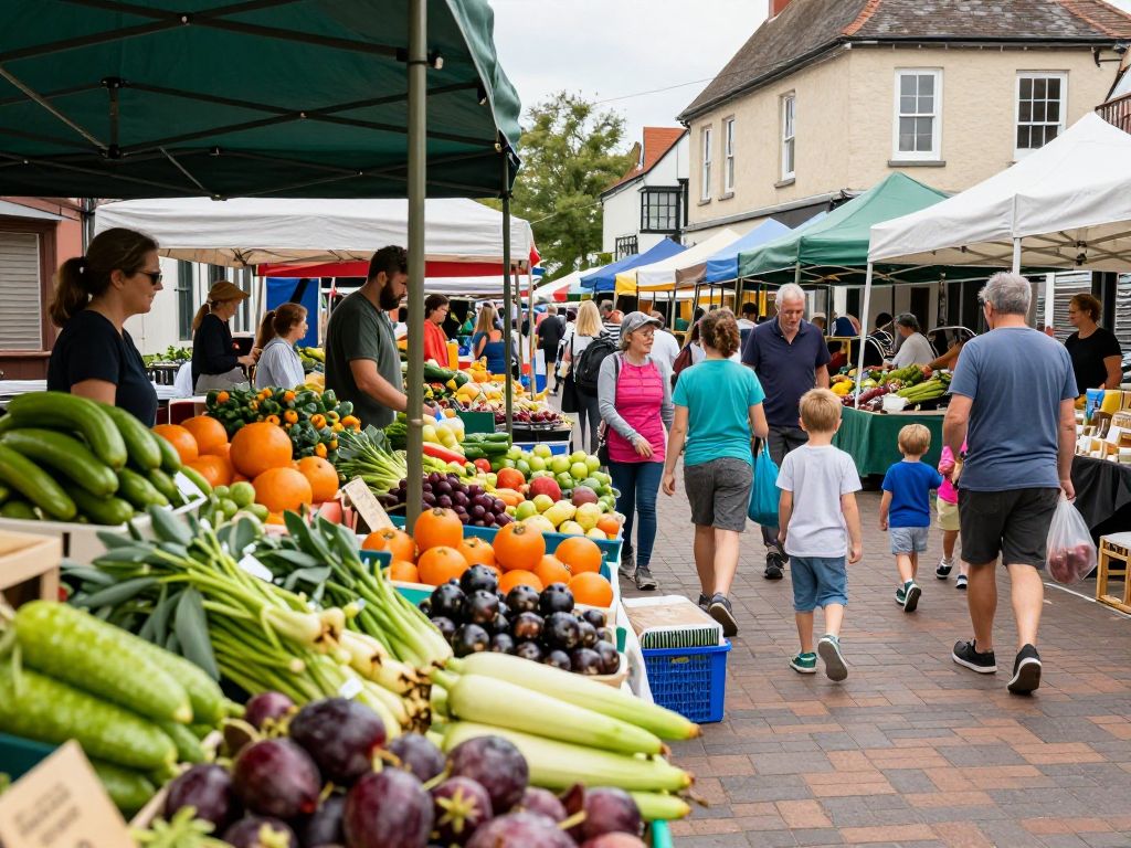 Vibrant scene at the Chapin Downtown Farmers Market with fresh produce and vendors.