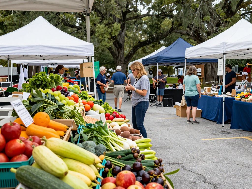 Vibrant scene at Chapin Downtown Farmers Market with fresh produce and local artisans.