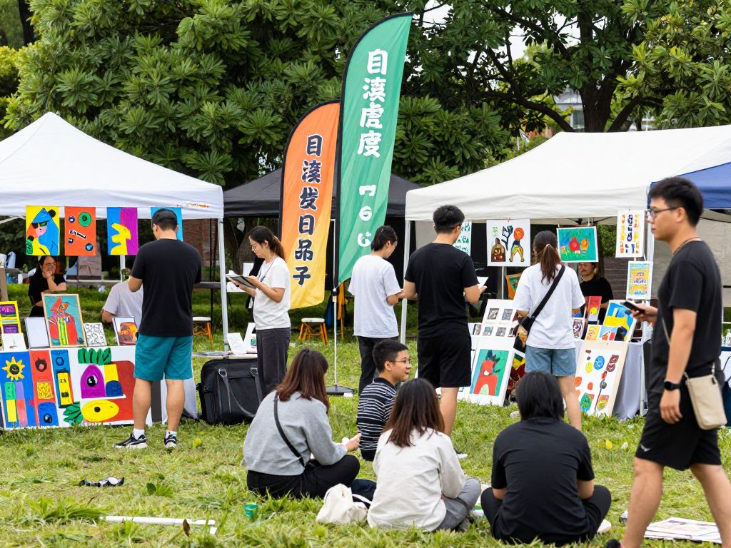 Community members enjoying the Chapin Fall Art Festival with art displays in a park