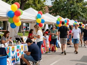 A lively market scene at the Chapin Labor Day Festival with local vendors and community members.