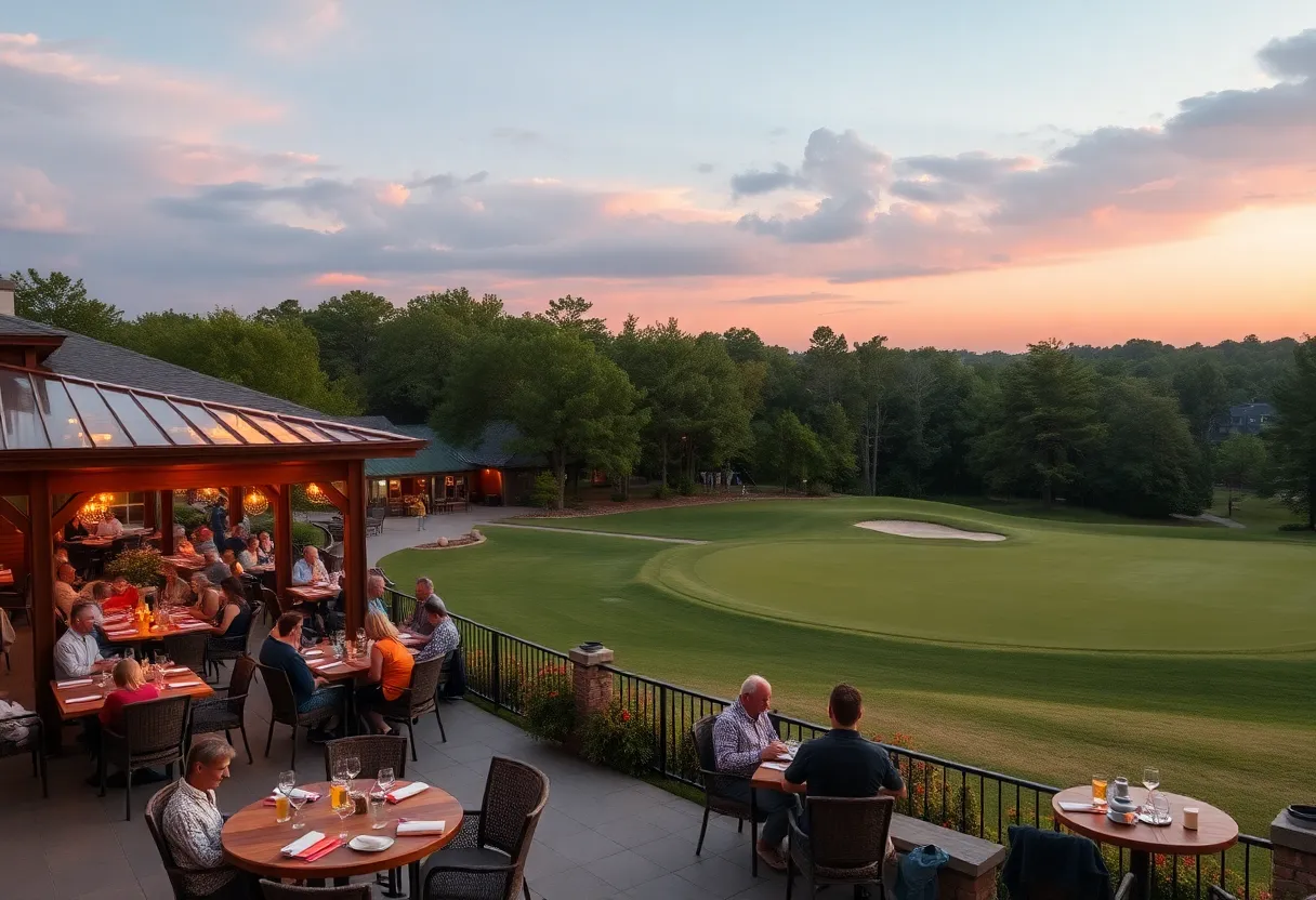 A bustling outdoor dining scene near a golf course in Chapin SC