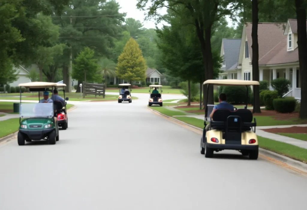 View of golf carts driving on a neighborhood street in Chapin SC