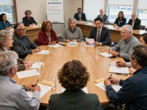 Residents discussing infrastructure improvements at a town hall meeting in Chapin.