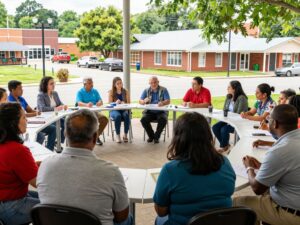 Community members participating in a Town Hall meeting discussing schools facility upgrades in Chapin.