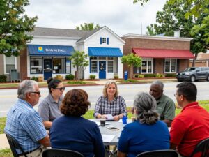 People in Chapin SC discussing financial options in front of a local bank.