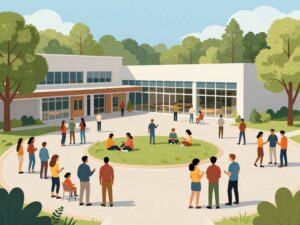 A modern community center bustling with activity and community engagement.