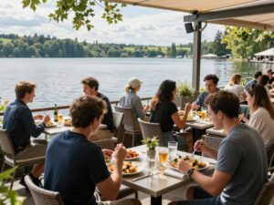 People dining at a lakeside restaurant in Chapin, South Carolina.