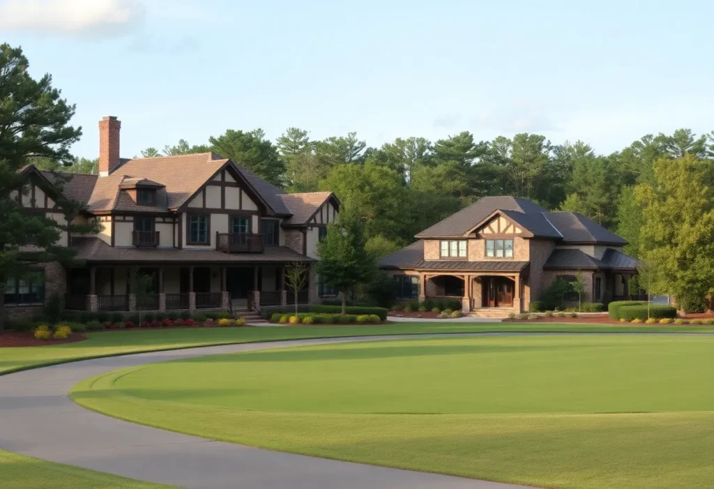 A scenic view of a golf neighborhood in Chapin SC with historical and modern architecture