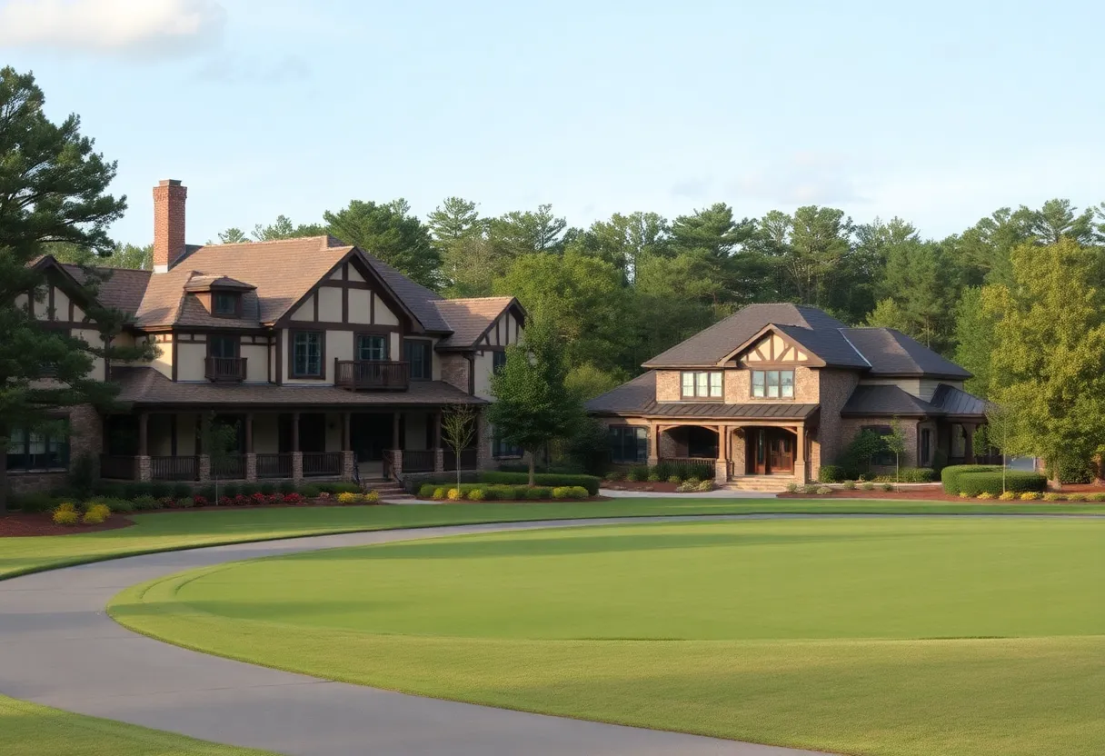 A scenic view of a golf neighborhood in Chapin SC with historical and modern architecture