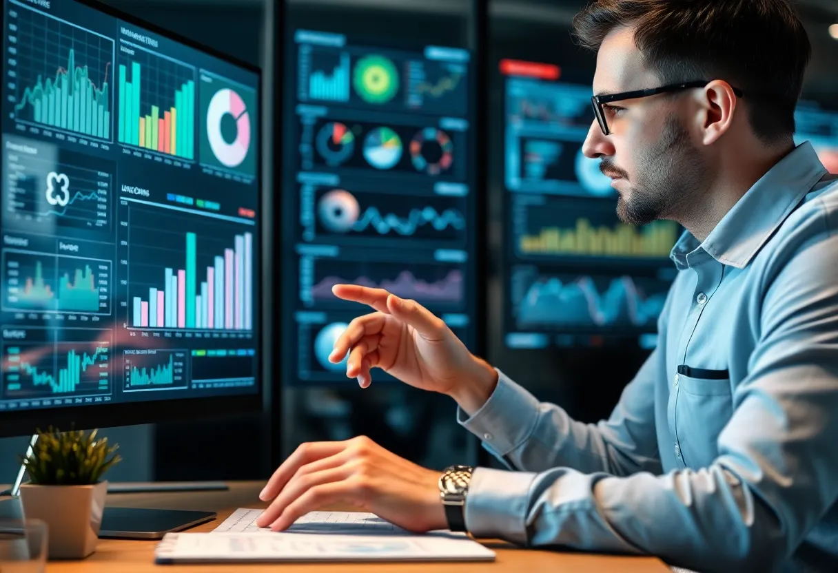 Marketer using data visualization tools for digital marketing analysis.