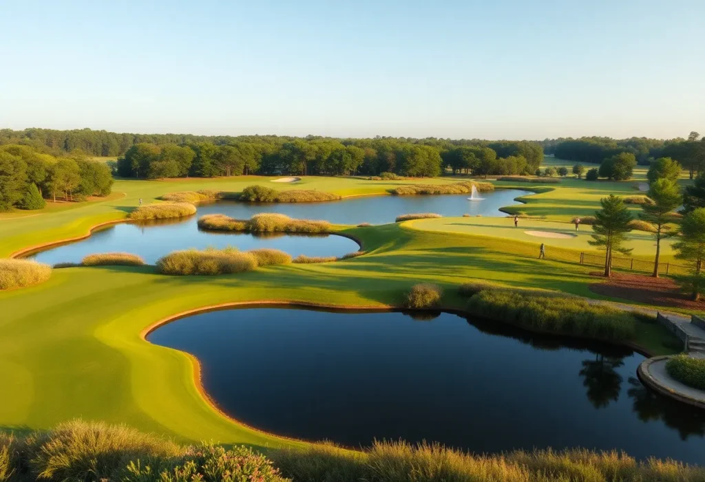 A scenic view of lakes and ponds on a golf course in Chapin SC
