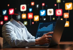 Digital marketing professional analyzing social media algorithms on a laptop.