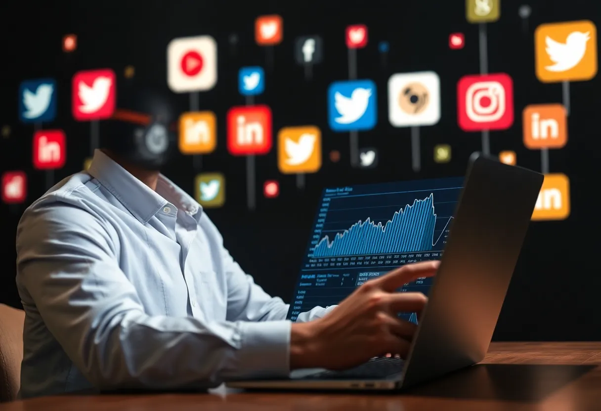 Digital marketing professional analyzing social media algorithms on a laptop.