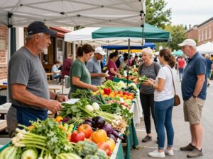 Chapin Downtown Farmer's Market with vendors and shoppers