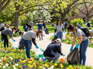 Volunteers participating in Chapin's Earth Day clean-up event in a local park.